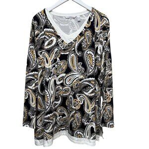 ISAAC MIZRAHI Live Womens Top Plus Size 3X Layered Look Tee Black Beige Paisley